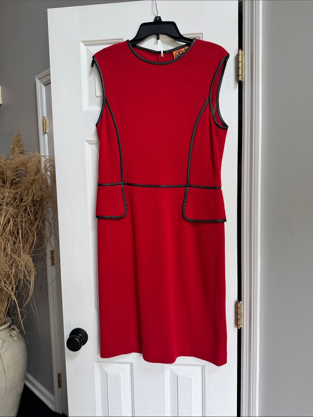 Tory Burch Red Sleeveless Sheath Dress with Brown Trim